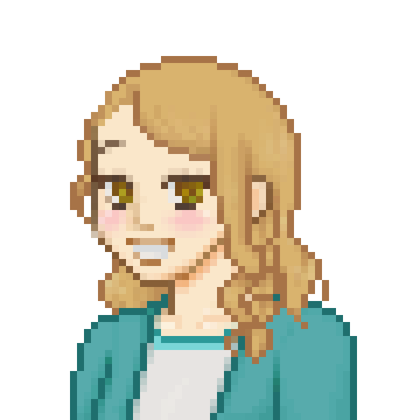 Pixel portrait art of a blonde woman. Generated via picrew.me with CreamTea's art